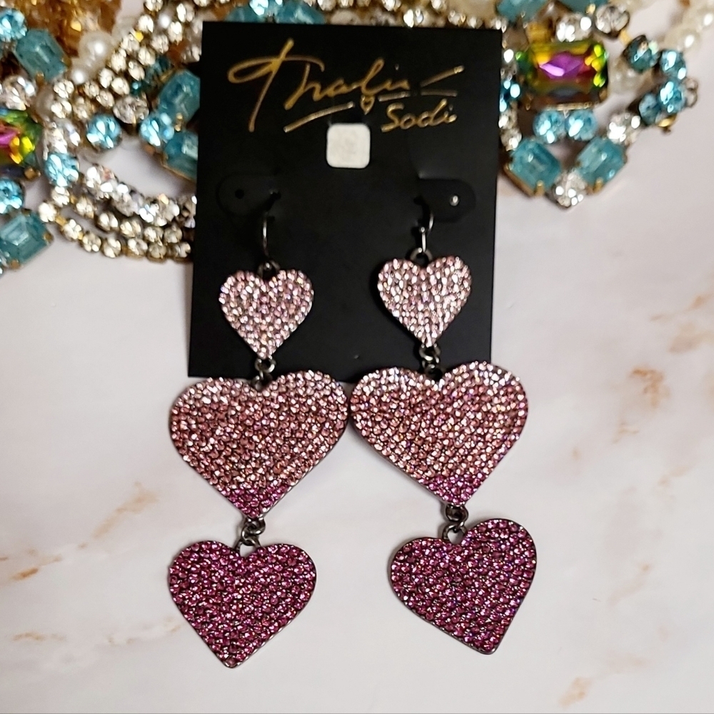 NWT Thalia Sodi Hematite-Pink Tone Pave Heart Triple Drop Earrings